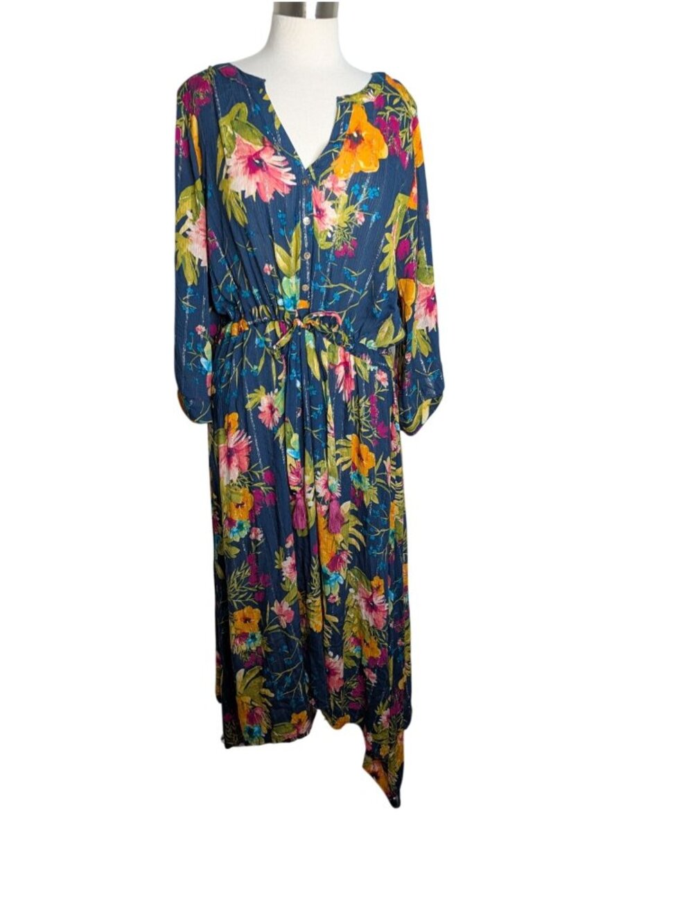 Cult Of Design Floral Maxi Dress 1X With Metallic Gold Threads Shark Bite Hem 3/ - Picture 13 of 14